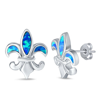 Fleur de lis Stud Earring Lab Created Blue Opal 925 Sterling Silver (16mm)